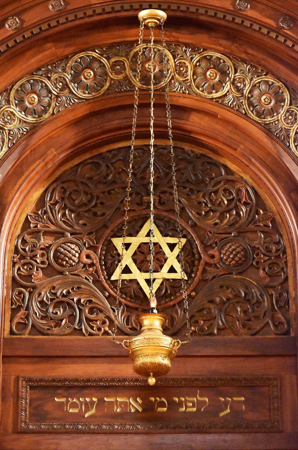 The Hebrew lettering above the ark at Temple Beth-El, 385 High St. in Fall River, reads "Know before whom you stand."