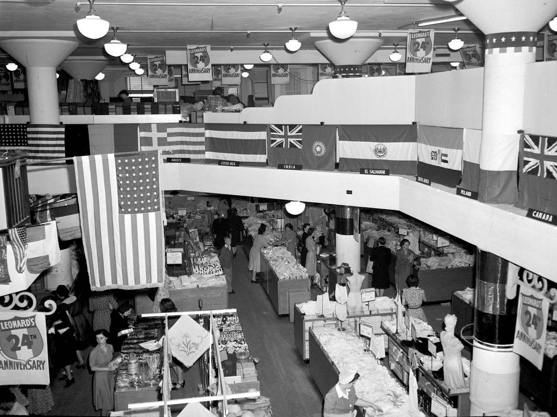 May 18, 1942: The nations of the world flag display in Leonard Brothers department store.