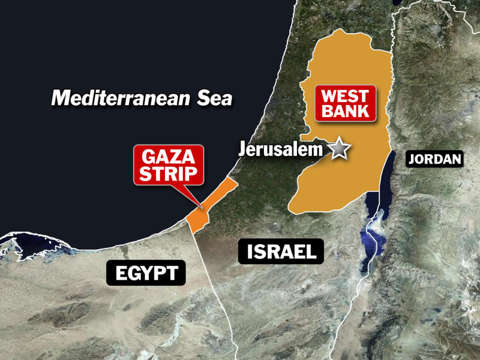 Map shows Israel, the Gaza Strip, West Bank and Egypt. Israel and Egypt closed its border with the Gaza Strip, which is run by Hamas, a terrorist organization. / Credit: AP