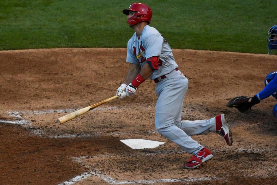 St. Louis Cardinals star Paul Goldschmidt hits a double during a game against the Chicago Cubs in 2020. Goldschmidt and fellow standout Nolan Arenado offered high praise for Turner Ward, the organization’s 57-year-old assistant hitting coach.