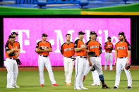 <p>Members of the National League All-Star team stand in the outfield during batting practice for the 88th MLB All-Star Game at Marlins Park on July 11, 2017 in Miami, Florida. (Photo by Mark Brown/Getty Images) </p>