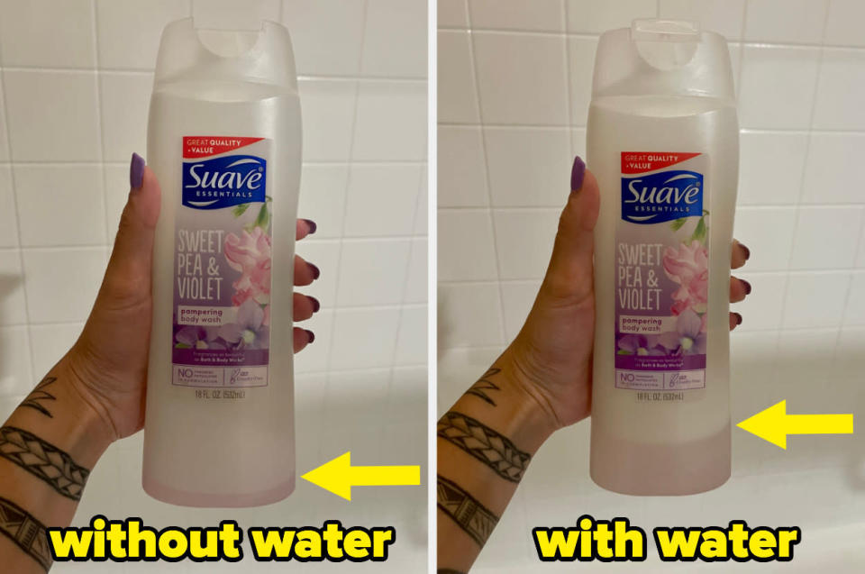 a shampoo bottle without water added; a shampoo bottle with water added