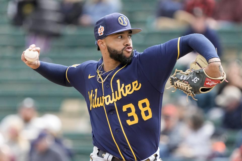 FILE -Milwaukee Brewers' Devin Williams throws during the second inning of a spring training baseball game against the Los Angeles Angels Wednesday, March 1, 2023, in Tempe, Ariz. Baltimore’s Félix Bautista was a unanimous winner of the Mariano Rivera American League Reliever of the Year Award and Milwaukee’s Devin Williams won the Trevor Hoffman National League honor on Wednesday, Nov. 29, 2023.(AP Photo/Morry Gash, File)