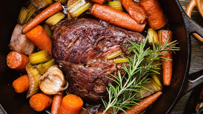 Beef and vegetables in a Dutch oven