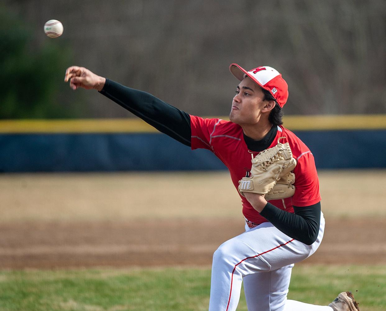 Holliston High School starting pitcher Arav Prajapatiti during a baseball scrimmage at Franklin, March 27, 2024.