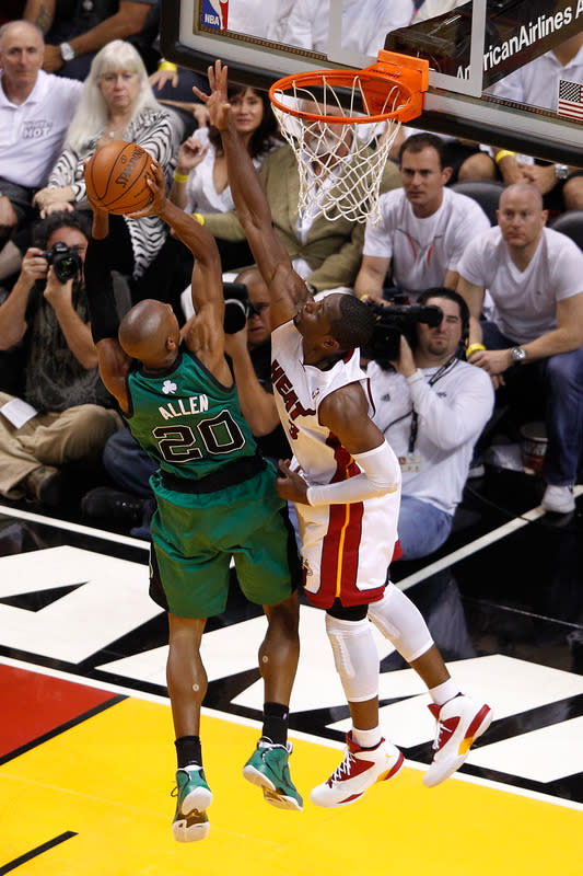 MIAMI, FL - MAY 30: Ray Allen #20 of the Boston Celtics drives for a shot attempt in the second half against Dwyane Wade #3 of the Miami Heat in Game Two of the Eastern Conference Finals in the 2012 NBA Playoffs on May 30, 2012 at American Airlines Arena in Miami, Florida. NOTE TO USER: User expressly acknowledges and agrees that, by downloading and or using this photograph, User is consenting to the terms and conditions of the Getty Images License Agreement. (Photo by J. Meric/Getty Images)