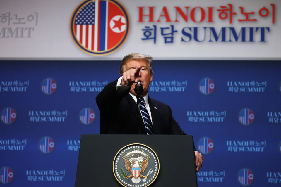 President Trump holds a news conference after his summit with North Korean leader Kim Jong Un in Hanoi, Vietnam, on Feb. 28. (Photo: Leah Millis/Reuters)