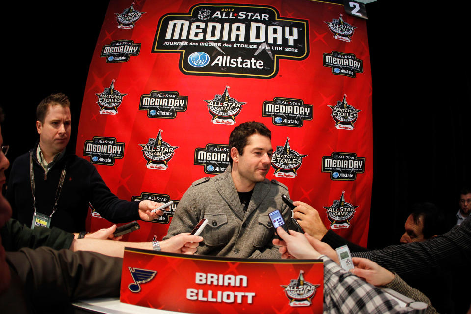 OTTAWA, ON - JANUARY 27: Team Alfredsson goalie Brian Elliott of the St. Louis Blues speaks with the media during the 2012 NHL All-Star Game Player Media Availability at the Westin Ottawa on January 27, 2012 in Ottawa, Ontario, Canada. (Photo by Gregory Shamus/Getty Images)