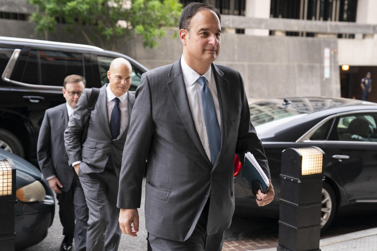 Michael Sussmann, a cybersecurity lawyer who represented the Hillary Clinton presidential campaign in 2016, arrives to the E. Barrett Prettyman Federal Courthouse, Monday, May 16, 2022, in Washington. Sussmann is accused of making a false statement to the FBI during the Trump-Russia probe. (AP Photo/Evan Vucci)