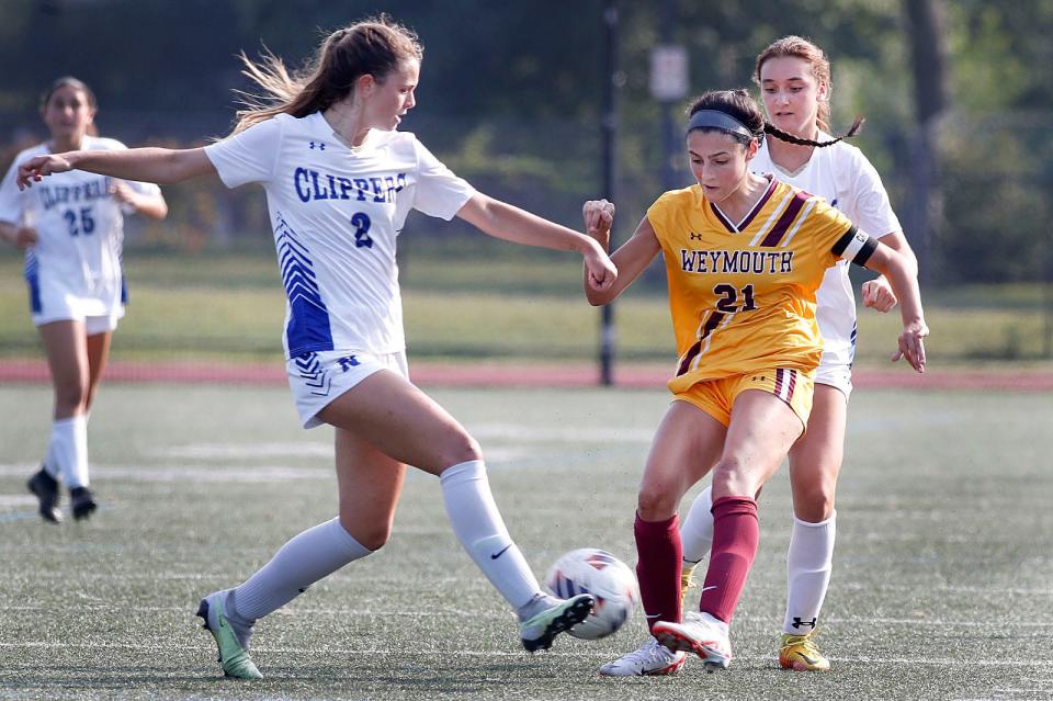 Norwell's Audrey Loring tries to get a pass around Weymouth forward and captain Madelyn Palmer.

Weymouth hosts Norwell girls soccer on Tuesday, Sept. 5, 2023.