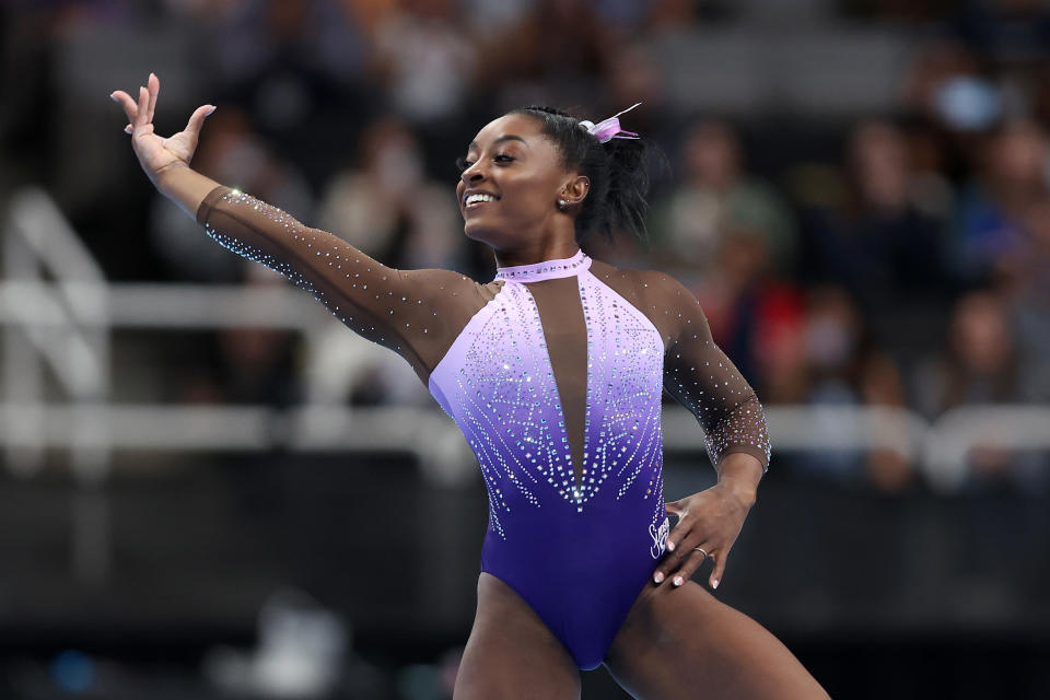 SAN JOSE, CALIFORNIA - AUGUST 25:  Simone Biles competes in the floor exercise during Day Two of the U.S. Gymnastics Championships at SAP Center on August 25, 2023 in San Jose, California. (Photo by Ezra Shaw/Getty Images)