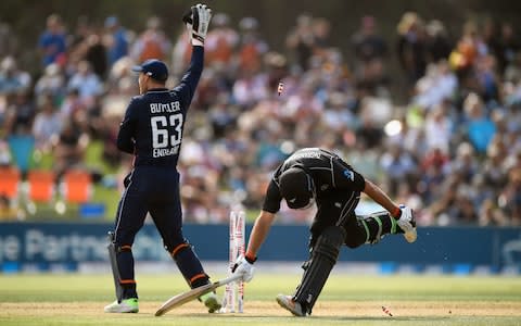 New Zealand batsman Colin de Grandhomme is run out by Jonny Bairstow  - Credit: Getty images