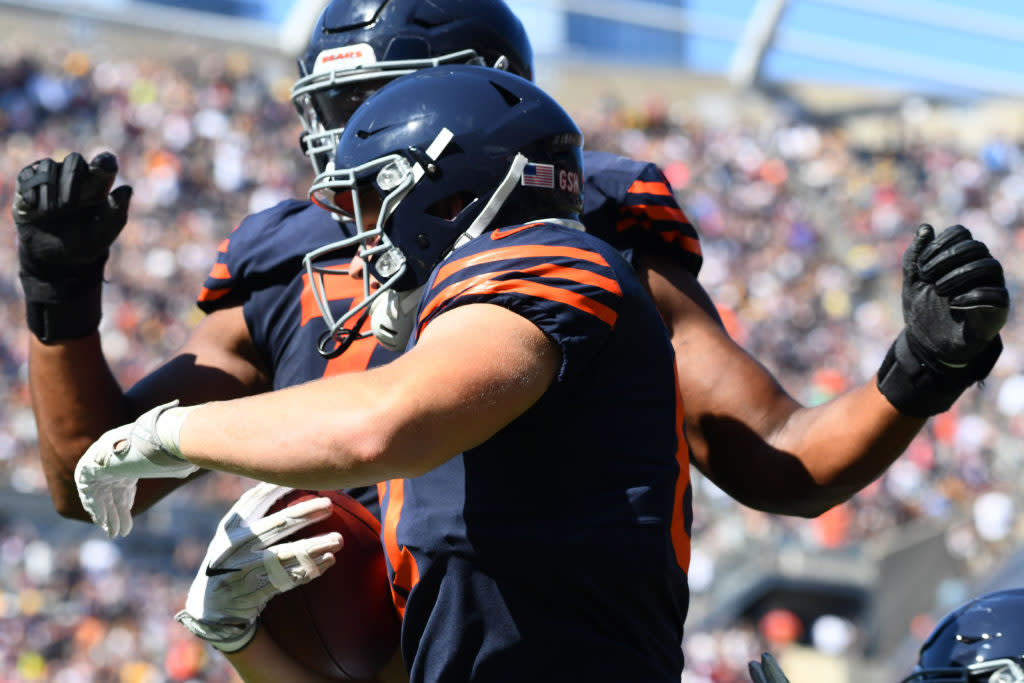 Sep 24, 2017; Chicago, IL, USA; Chicago Bears tight end Adam Shaheen (87) reacts after scoring a touchdown against the Pittsburgh Steelers during the second quarter at Soldier Field. Mandatory Credit: Mike DiNovo-USA TODAY Sports