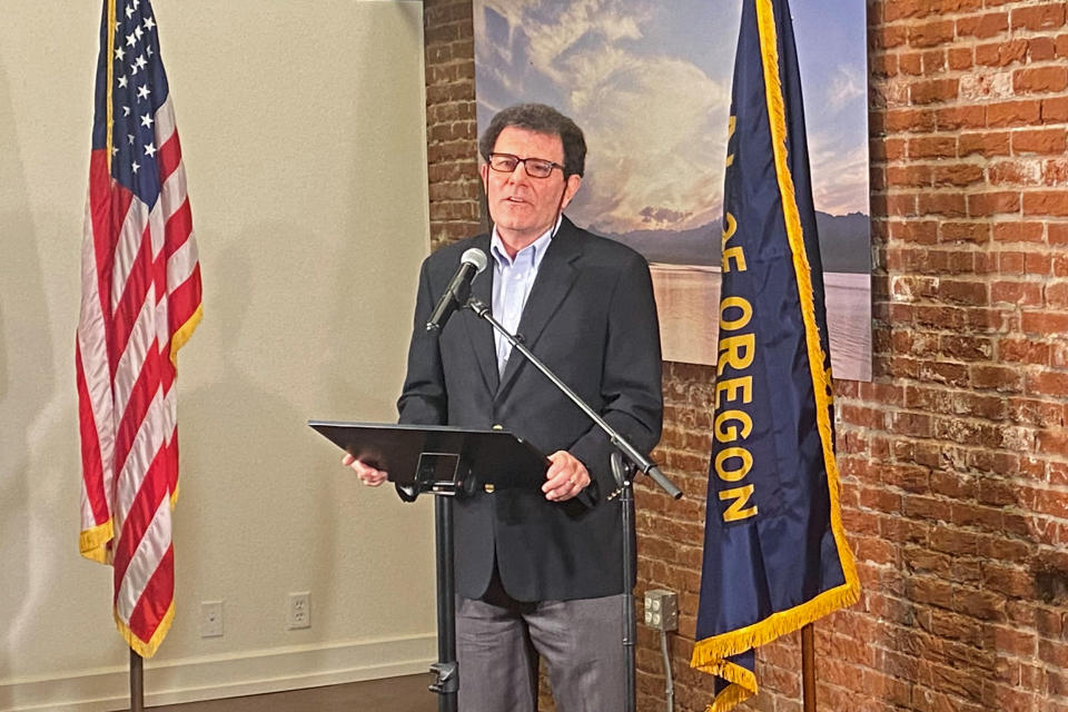 Former New York Times columnist Nick Kristof speaks at a news conference in Portland, Oregon, on Thursday, Feb. 17, 2022. The Oregon Supreme Court ruled Thursday Kristof is not eligible to run for governor because he does not meet the state's three-year residency requirement. (AP Photo/Sara Cline)