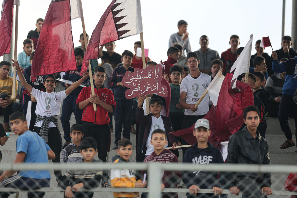 GAZA, GAZA CITY - NOVEMBER 15: A friendly match organized by a charity organization in Gaza to support Qatar's hosting of the 2022 FIFA World Cup in Gaza, Gaza City on November 15, 2022. (Photo by Mustafa Hassona/Anadolu Agency via Getty Images)