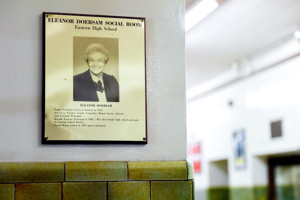 A plaque commemorating former teacher and principal Eleanor Doersam hangs outside the social room named after her at Eastern High School on Wednesday, May 15, 2019, in Lansing.
