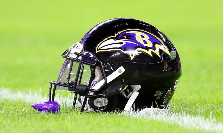 Baltimore Ravens helmet on the field.