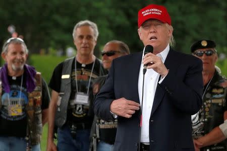 Republican U.S. presidential candidate Donald Trump addresses the Rolling Thunder motorcycle rally to highlight POW-MIA issues on Memorial Day weekend in Washington, U.S. May 29, 2016. REUTERS/Jonathan Ernst