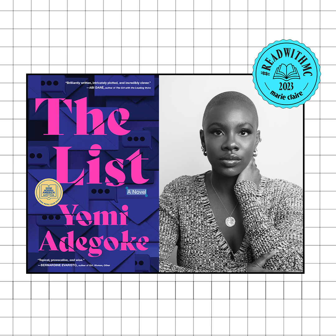  The List book cover with headshot of Yomi Adegoke overlaid grid background with blue ReadWithMC stamp. 