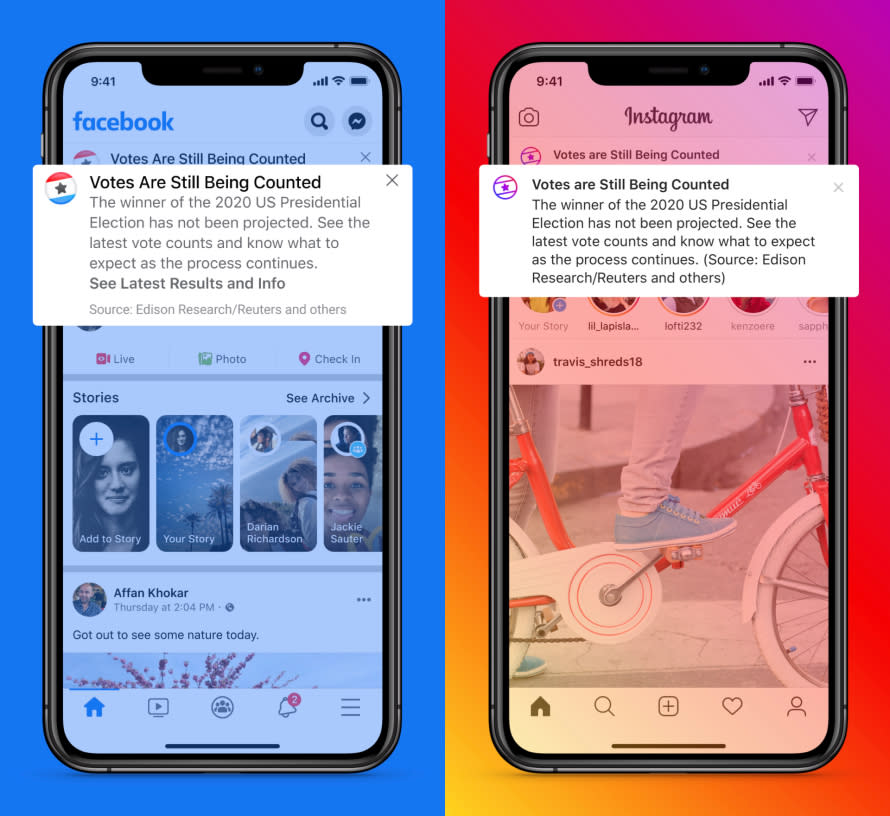 Facebook will notify users that votes are still be counted ahead of official election results. 