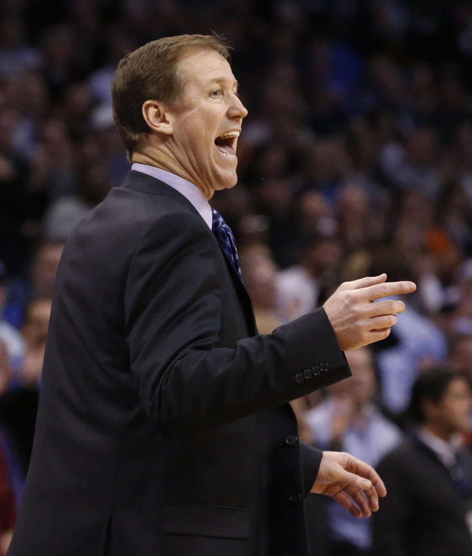 Trail Blazers head coach Terry Stotts gestures in the fourth quarter of an NBA basketball game against the Oklahoma City Thunder in Oklahoma City, Tuesday, Jan. 21, 2014. Oklahoma City won 105-97. (AP Photo/Sue Ogrocki)