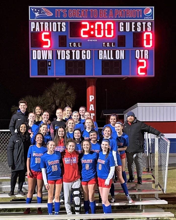 The Pace girls soccer team celebrates after collecting a 5-0 victory over Booker T. Washington during a District 1-6A semifinal match on Wednesday, Jan. 26 from Pace High School.