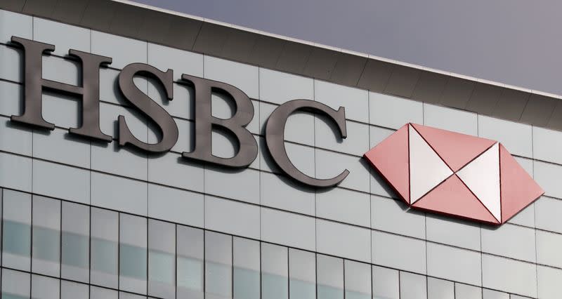 FILE PHOTO: The HSBC logo is seen at their offices at Canary Wharf financial district in London