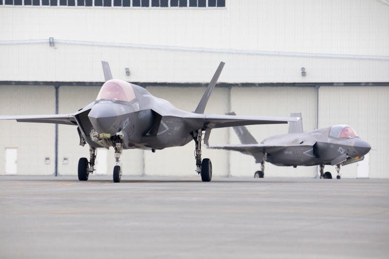 U.S. Marine Corps F-35B Lightning II aircraft with Marine Fighter Attack Squadron (VMFA) 242 taxi the flight line at Marine Corps Air Station Iwakuni, Japan, Nov. 17, 2022.