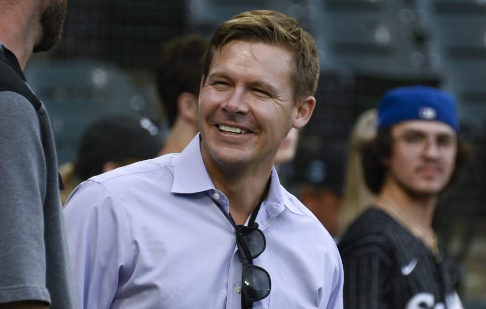 Sep 1, 2023; Chicago, Illinois, USA; Chicago White Sox Vice President/General Manager Chris Getz before the team’s game at Guaranteed Rate Field. Mandatory Credit: Matt Marton-USA TODAY Sports