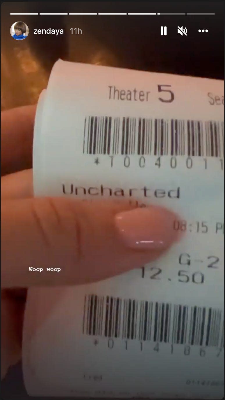 A screenshot of a movie ticket for "Uncharted," posted by Zendaya on her Instagram Story in 2022.
