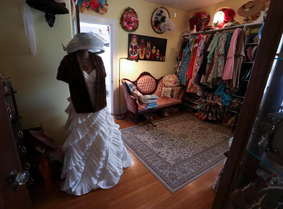 Carrie Ketterman's wedding dress stored in the vintage boudoir inside the Ketterman home in downtown Corydon, In. on Mar. 30, 2021.