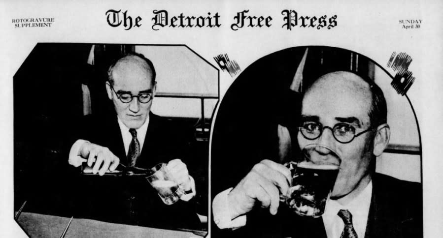 A special edition of The Detroit Free Press features photos of Michigan Gov. William Comstock pouring and drinking a beer.