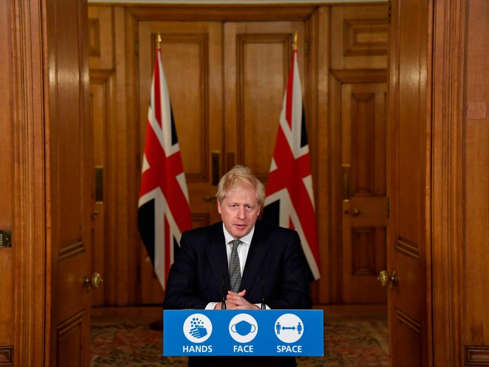 Boris Johnson speaks during a virtual press conference inside 10 Downing Street (POOL/AFP via Getty Images)