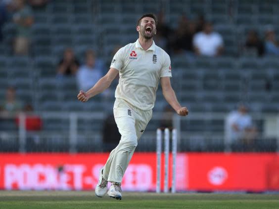 Mark Wood celebrates after dismissing Anrich Nortje (Getty)