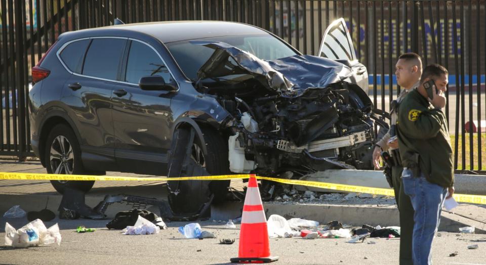 The crash scene, where Los Angeles County sheriff's cadets were injured when a driver plowed into them during a morning run