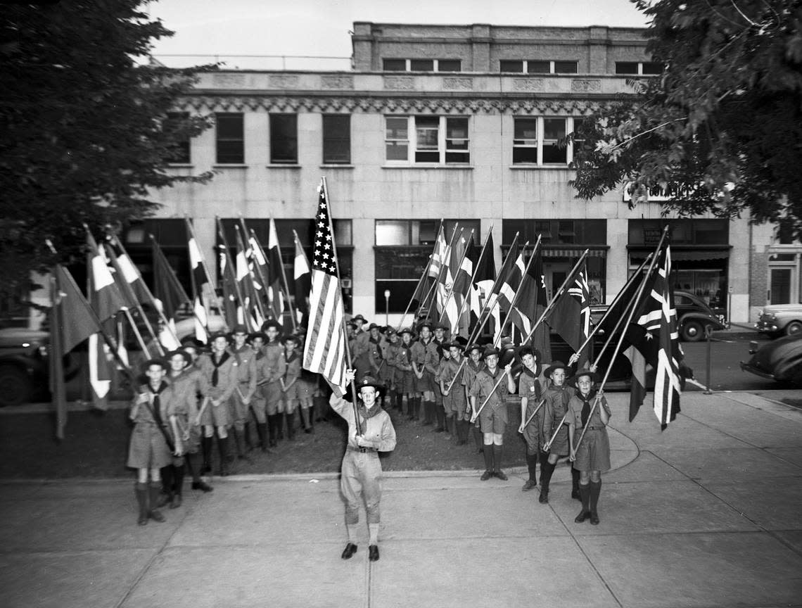 June 14, 1942: “These flags of the Allied Nations, borne by Boy Scouts, shared honors with ‘Old Glory’ Sunday evening at Elks’ Lodge-American Legion ceremonies at Burnett Park, which brought to a dramatic close the city’s first observance of a wartime Flag Day in 24 years.” Fort Worth Star-Telegram archive/UT Arlington Special Collections