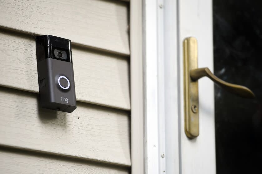 A Ring doorbell camera is displayed outside a home in Wolcott, Conn., in 2019.