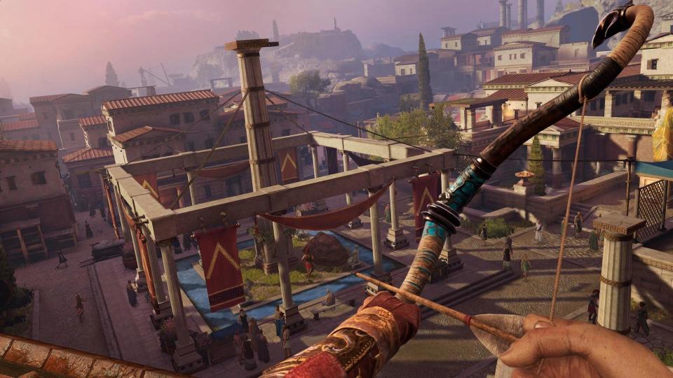 Using a bow atop a building in Assassins Creed Nexus VR