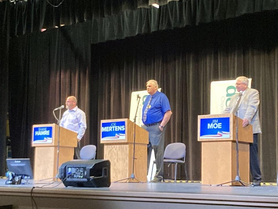 Mayoral candidates for Devils Lake took to the stage to answer fielded questions from the moderator and audience at Lake Region State College on May 9.