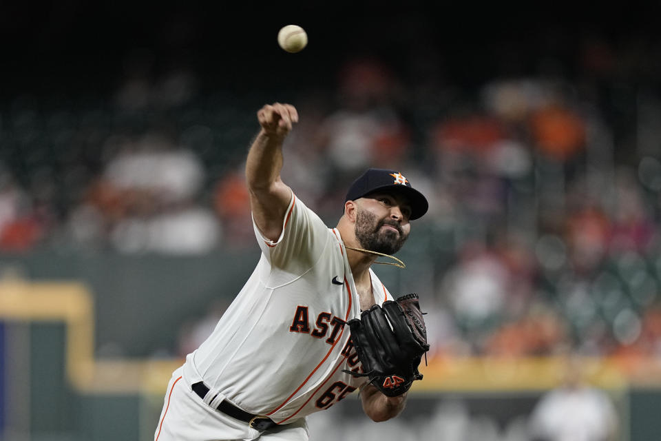 Houston Astros starting pitcher Jose Urquidy throws against the Tampa Bay Rays during the first inning of a baseball game Tuesday, Sept. 28, 2021, in Houston. (AP Photo/David J. Phillip)