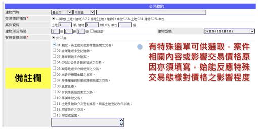 實價登錄買賣備註欄，有13項特殊資訊。（圖／取自台北市地政局網站）