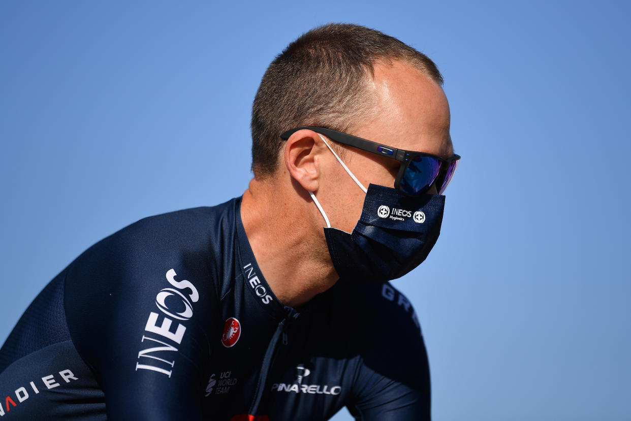 SATURNIA, ITALY - SEPTEMBER 09: Start / Chris Froome of The United Kingdom and Team INEOS Grenadiers / Mask / Covid safety measures / during the 55th Tirreno-Adriatico 2020, Stage 3 a 217km stage from Follonica to Saturnia 294m / @TirrenAdriatico / on September 09, 2020 in Saturnia, Italy. (Photo by Justin Setterfield/Getty Images)