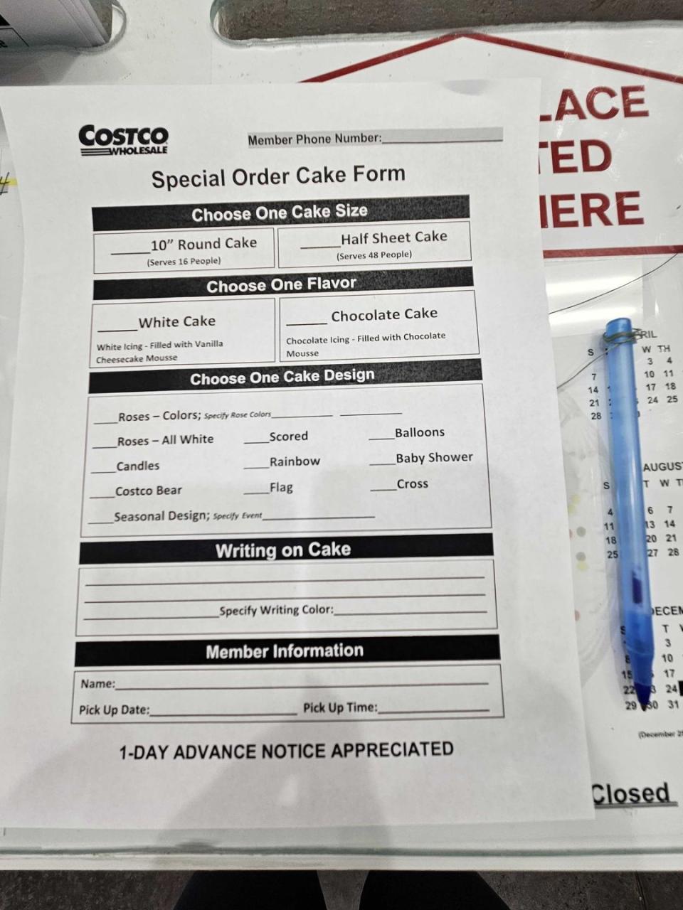costco cake ordering form