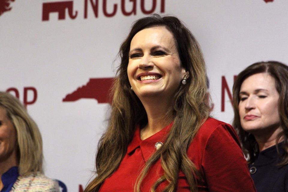 North Carolina state Rep. Tricia Cotham announces she is switching affiliation to the Republican Party at a news conference Wednesday, April 5, 2023, at the North Carolina Republican Party headquarters in Raleigh.
