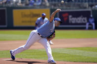 Kansas City Royals starting pitcher Brad Keller delivers to a Los Angeles Angels batter during the first inning of a baseball game at Kauffman Stadium in Kansas City, Mo., Wednesday, April 14, 2021. (AP Photo/Orlin Wagner)