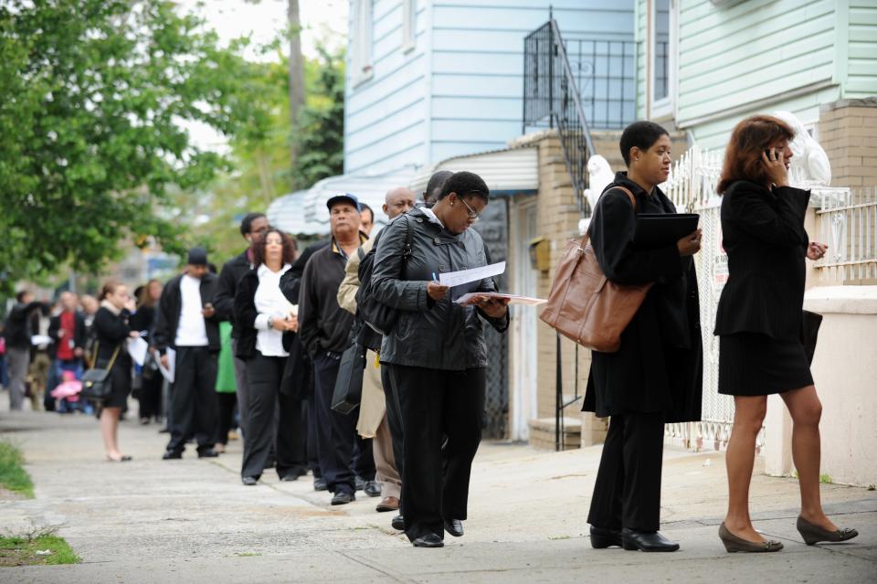 People seeking jobs wait in line to speak to over 60 employers at an employment fair May 3, 2012 in the Queens borough of New York. New claims for US unemployment benefits dropped more quickly than expected last week, but remained painfully high, the Labor Department reported May 3, 2012. New jobless claims stood at 365,000 for the week to April 28, compared to a revised 392,000 level the previous week. AFP PHOTO/Stan HONDA        (Photo credit should read STAN HONDA/AFP/GettyImages)