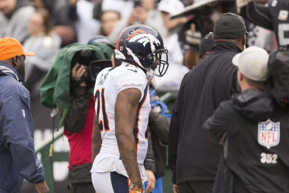 <p>Denver Broncos cornerback Aqib Talib (21) is ejected from the game against the Oakland Raiders during the first quarter at Oakland Coliseum. Mandatory Credit: Neville E. Guard-USA TODAY Sports </p>