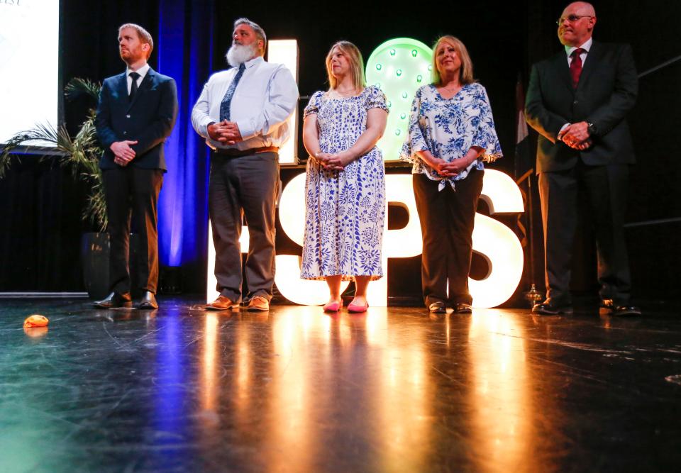 Springfield Public Schools Teacher of the Year finalists (from left) Josh Cantrell, Central High, Robin Davidson, Gray Elementary, Rachel Hoing, Sequiota Elementary, Tiffany Lynch, Pipkin Middle, Sam Shelton, Central High.