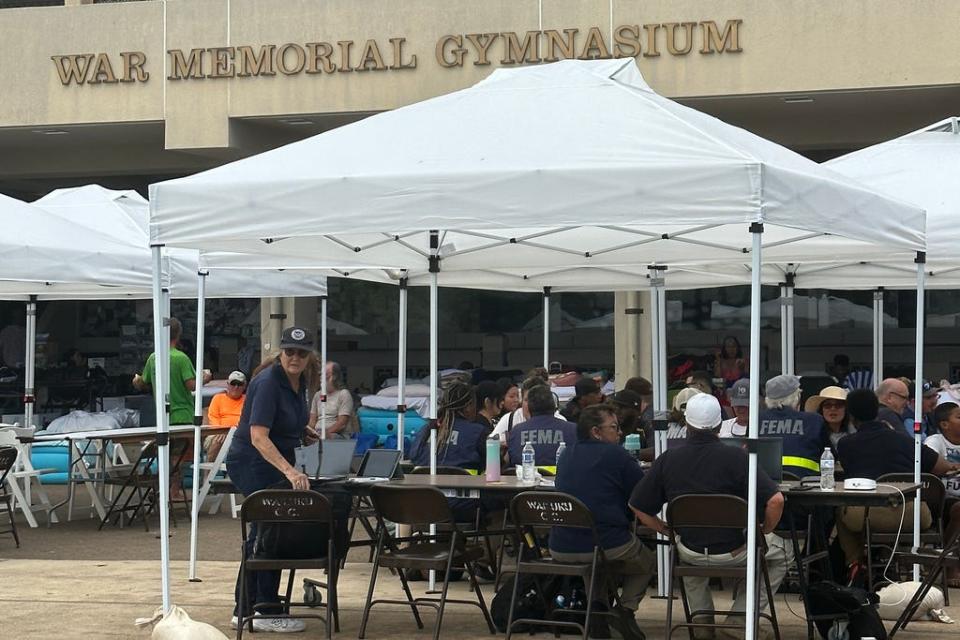 FEMA is set up outside of War Memorial Gymnasium, a makeshift shelter for displaced residents, in Wailuku, Hawaii, on Aug. 14.