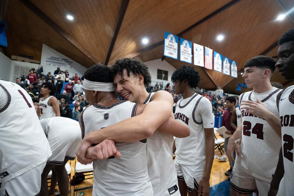 Bergen Catholic vs. Don Bosco in the 66th Bergen County Jamboree Boys Basketball Tournament final at the Rothman Center at Fairleigh Dickinson University in Hackensack on Friday, February 17, 2023. Don Bosco celebrates defeating Bergen Catholic. 